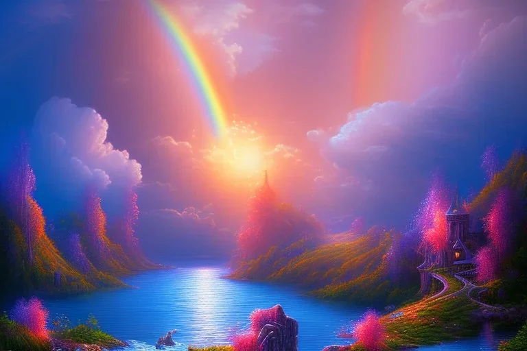 island waterfall bubble spring unicorn sunset rainbow