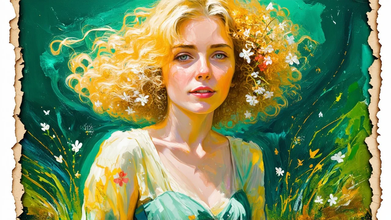 dark green background, abstract art complementary colours fine details , old torn worn paper, peeling, high grain, portrait of blonde woman , flowers in hair, acrylic, alcohol ink, fine drawing, A blonde woman in her 40s, with flowers woven into her loose, curly hair, sits in a whimsical, fairy-tale setting, surrounded by delicate swirling patterns reminiscent of the textures of old torn paper, in a vibrant, abstract style combining acrylic and alcohol ink techniques, with fine detailing that hi