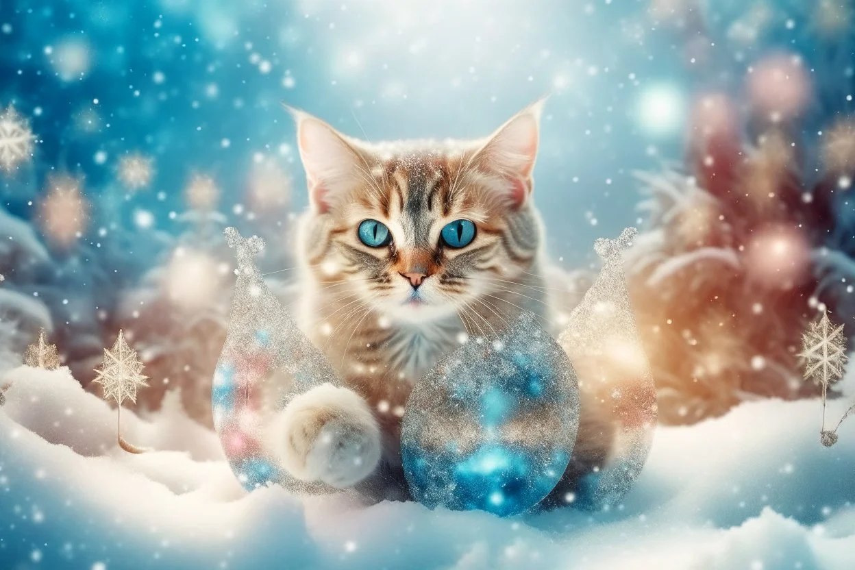 Double exposure, merged layers, Christmas fantasy, cat Christmas ornaments, gifts, double exposure, snowfall, heart, snowflakes, icy snowflakes, burlap, gems and sparkling glitter, sunshine