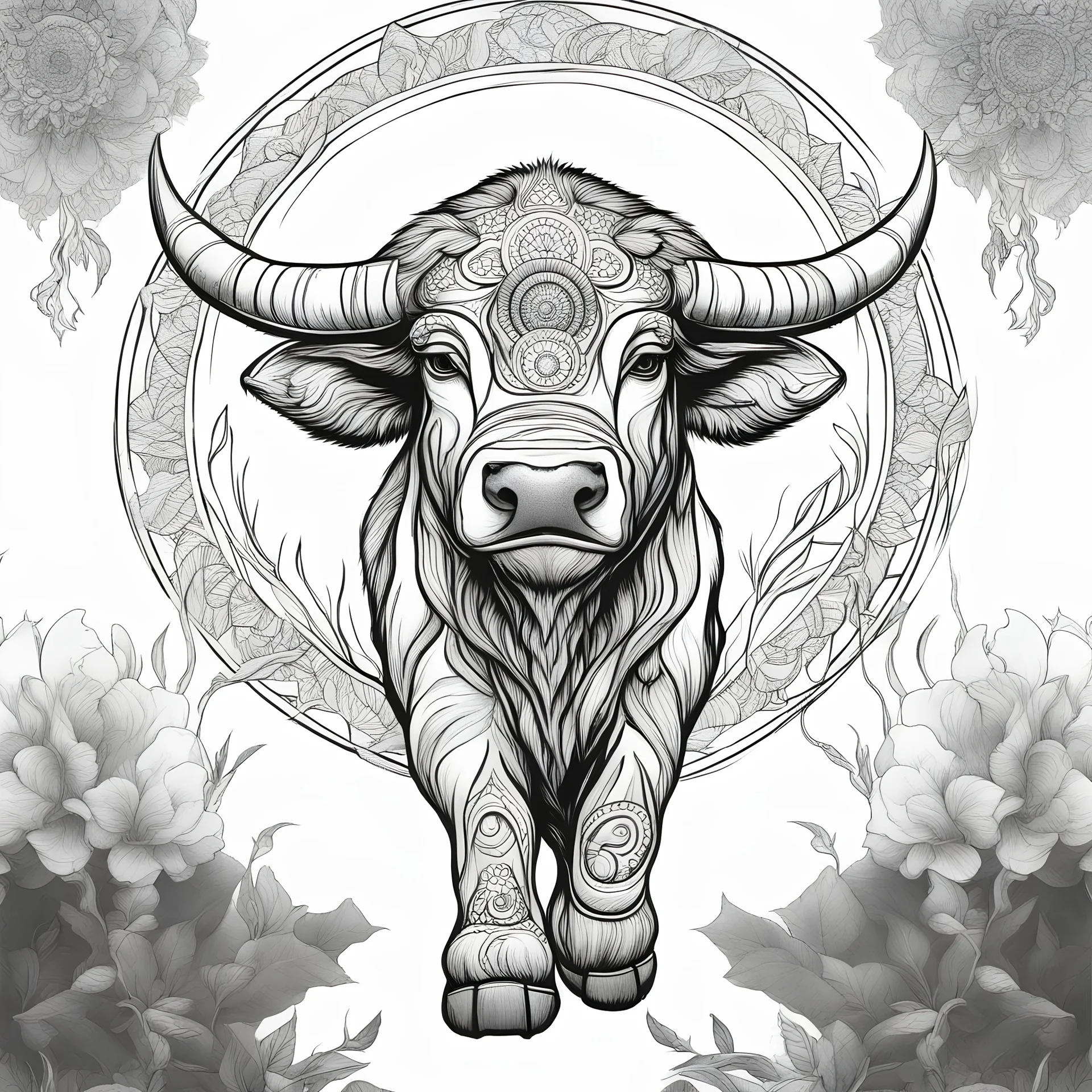 outline art, coloring pages, white Background, Black line, sketch style, only use outline, mandala stile, clean line art, white background, no shadow and clear and well, mandala BISON,