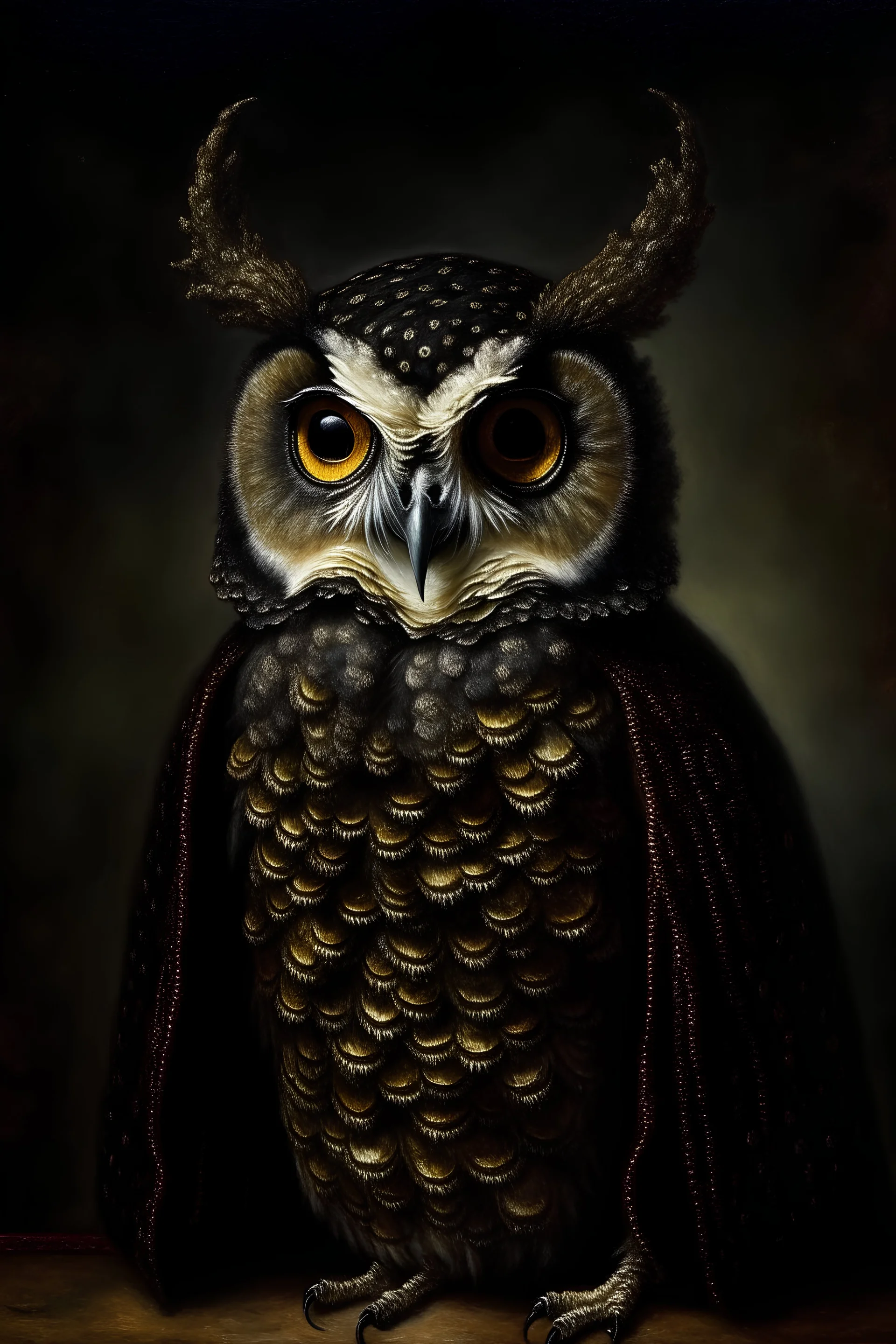 Victorian, portrait, owl head, spooky, creepy, painting