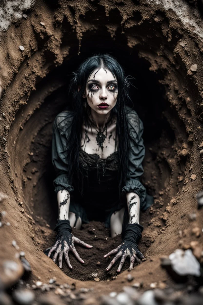 behind her mud and rats, Closeup tall Girl goth with big eyes, fullbody, ragged clothes, extended like roots, the perspective looking up from the bottom of an empty well , 8k,macro photography,