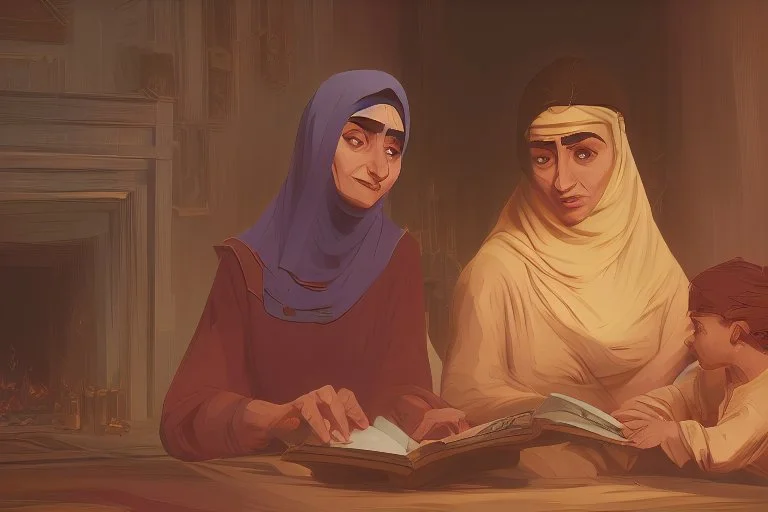 A close-up scene of an Arab mother reading the story from a book with her children around her in the room of the old wooden house near the fireplace 100 years ago.