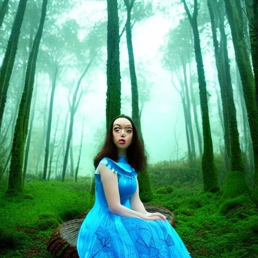 jemma orgeta as a sourceress girl, beautiful, cute, seated, in a giant mushroom forest, with mist, blue intricate dress, high definition, cinematic, rendering