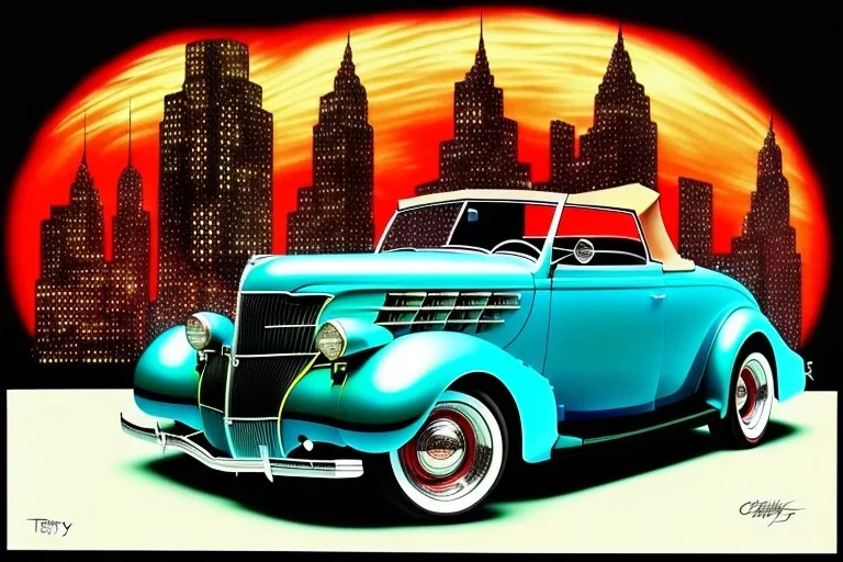 a true-to-life 1936 ford roadster, centered, intricate, extreme detailed, photorealism, center view, city background, pivot on ford, pen and color marker painting by cheryl kelley