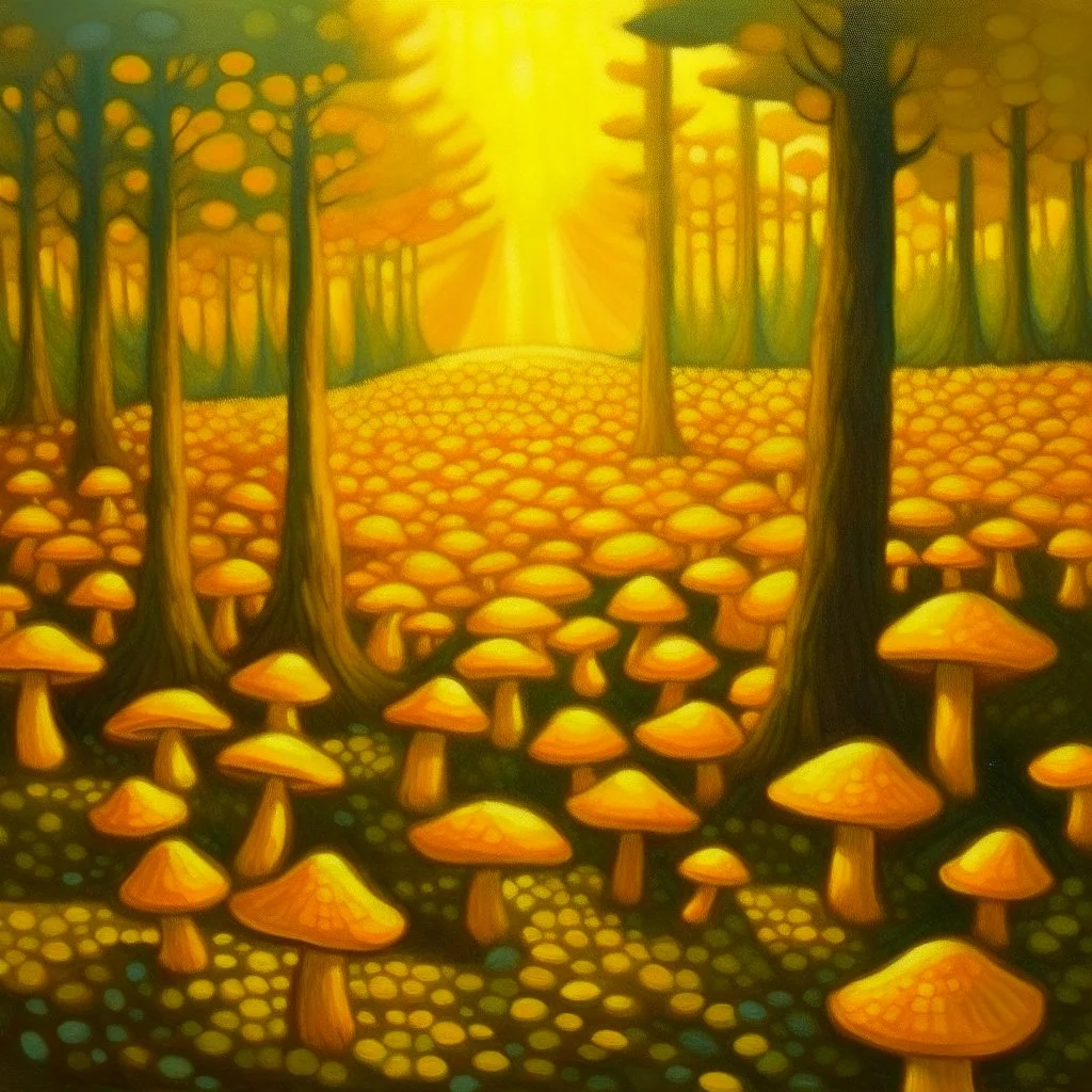 A glowing yellow mushroom forest painted by Georges Seurat