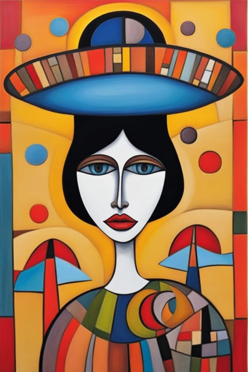 Lady in big hat, rough face, vibrant colors, children catalan folk art, patchs, black lines, non-figurative mode, combined abstract art with Surrealist fantasy in dadaism, surrealism style