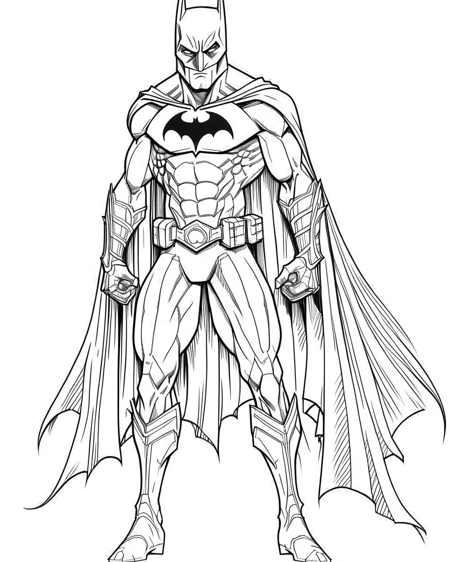 batman, coloring page, no leaves, full body (((((white background))))), only use an outline., real style, line art, white color, clean line art, white background, Sketch style