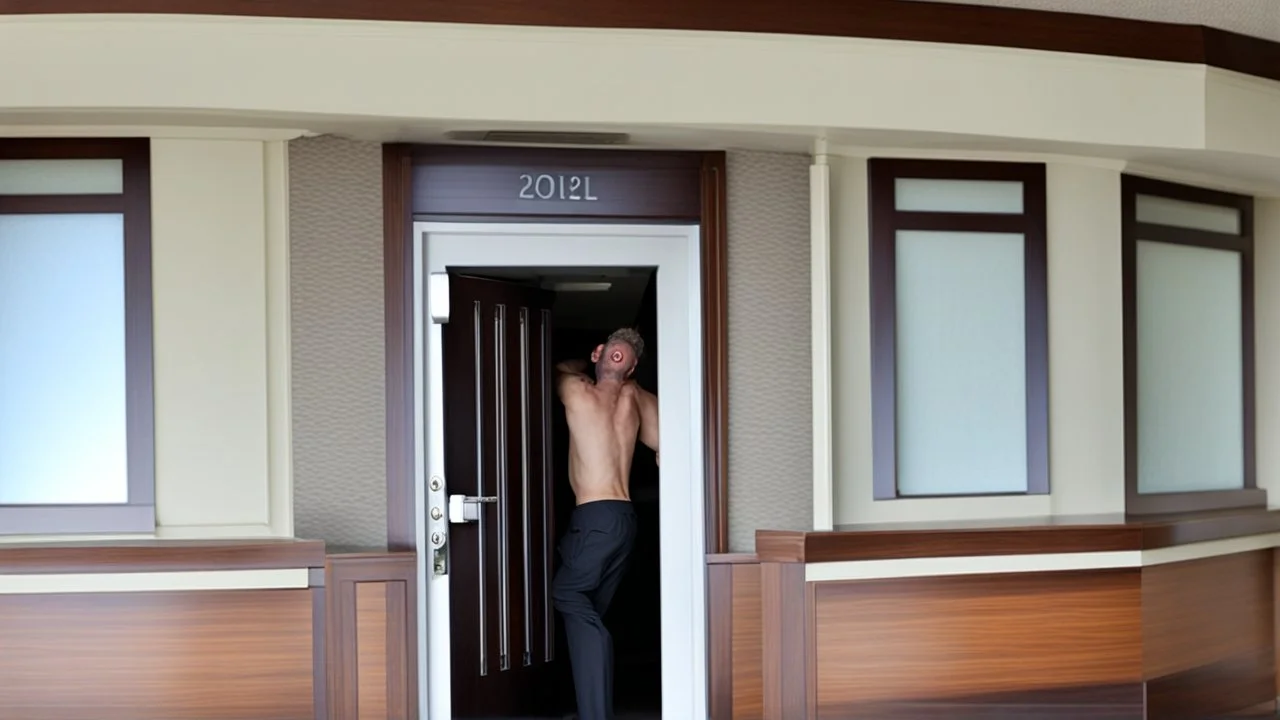 guy sniffs numbers on his hotel room door