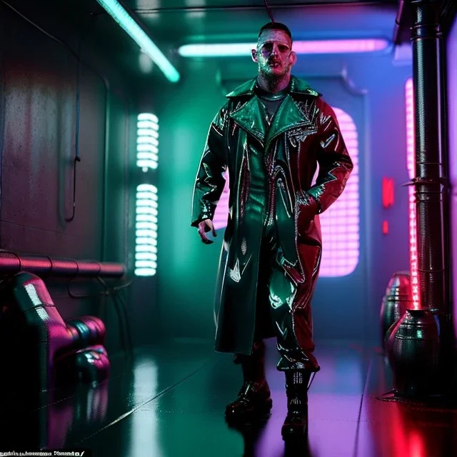 Actor, tom hardy, blade runner style, rain, fog, neon ambient, gradient color, clean skin, circuits, latex coat, cyber punk, neon, tubes, portrait, photo studio, unreal engine 5, smooth color, 16 bit, god lights, ray tracing, RTX, lumen lighting, ultra deatail, volumetric lighting, 3d, finely drawn, hd.