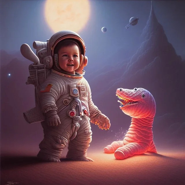 1yo little boy is on safari on the moon. riding a pink dinosaur. he has big and a funny hat. High detailed. Cinematic. oil on canvas painting. Warm lights. beksinski