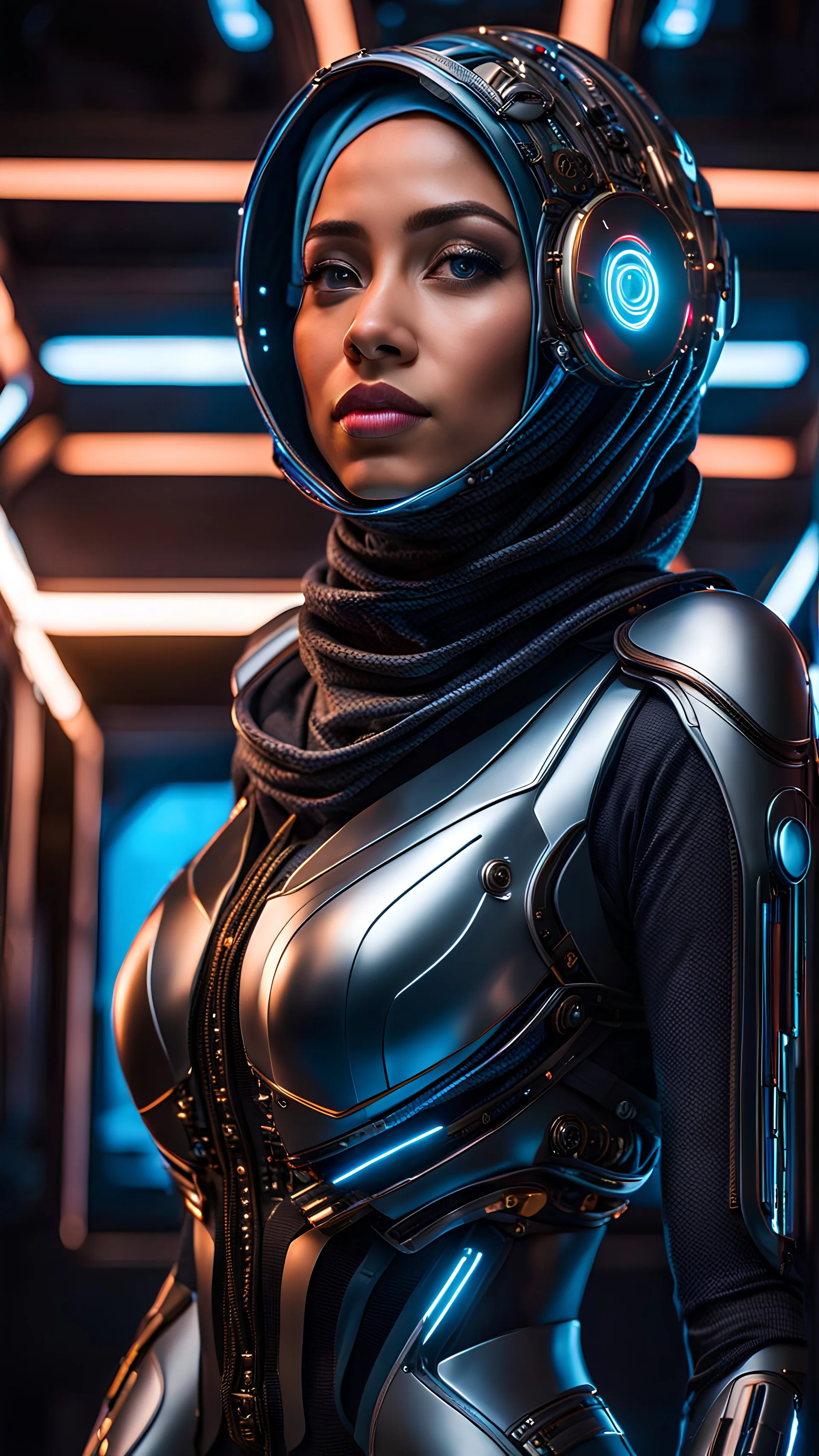 Ultra-detailed benevolent cyborg hijab in a spaceship, with anthropomorphic cybernetic elements on metal armor, neon lights reflections, reflection mapping, intricate design and details, dramatic lighting, Cinematic lighting, Volumetric lighting, Epic composition, Photorealism, Bokeh blur, Very high detail, Sony Alpha α7iv, ISO1900, Character design, Unreal Engine, Octane render, HDR, Subsurface scattering, by addie digi