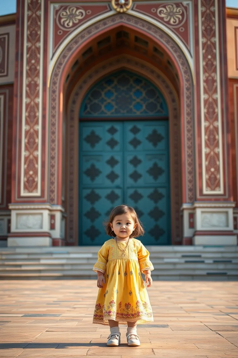 a little girl that is standing in front of a building, a picture, arabesque, !8k!, kazakh, insanely cute, amazing cgi, kurdistan, adorable outfit, a still of a happy, so cute