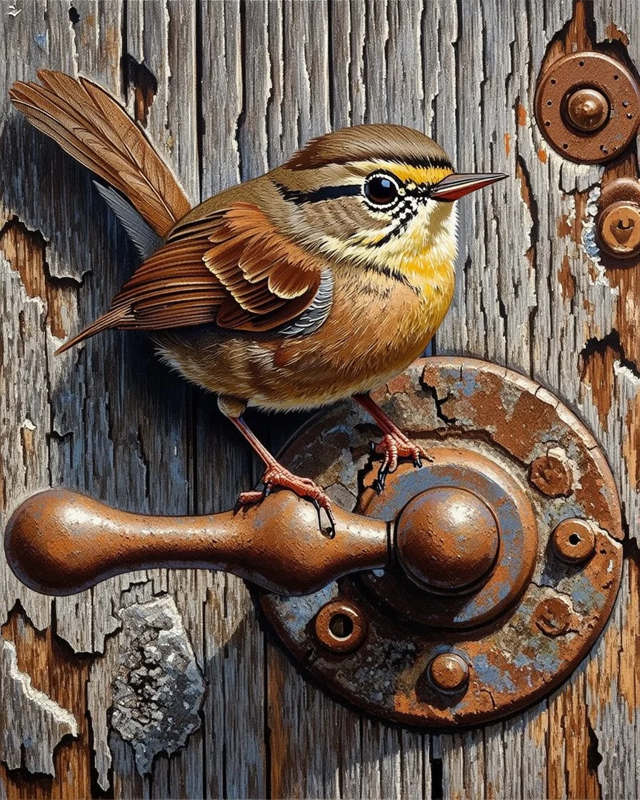 Small brown wren with intricate feathers perched on a weathered barn door, the door is cracked and rotting with a rusting handle, intricate woodgrain patterns with peeling paint, rusted bolts, deep textures, acrylic art, highly detailed