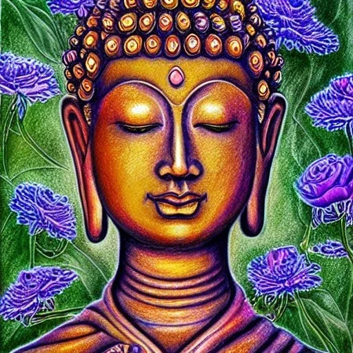 high-quality, fine-detail melted crayon drawing of buddha statue with flowers, artwork, 8k, intricate, detailed, illustration, brian froud, howard lyon, george grie, ben goossens, anna dittman, jeffrey robert, don marco