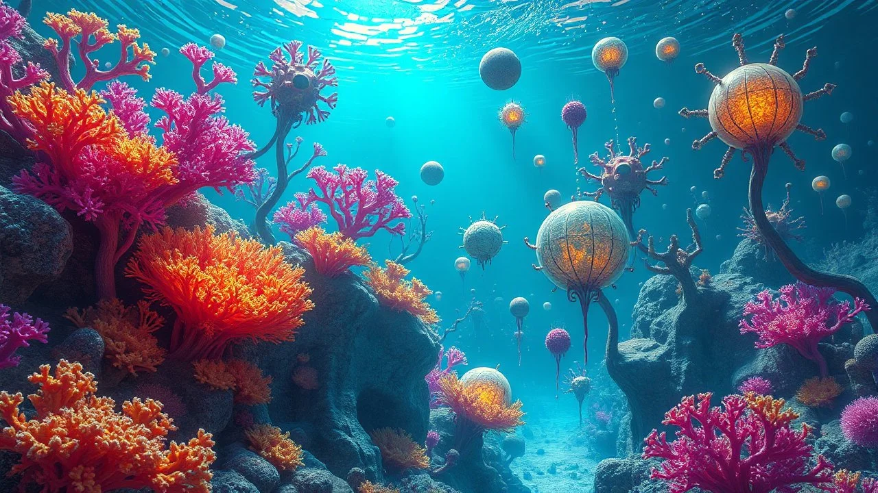 A surreal and fantastical underwater scene with vibrant, colorful coral-like structures, glowing orbs, and abstract organic shapes floating in a dreamlike, ethereal environment