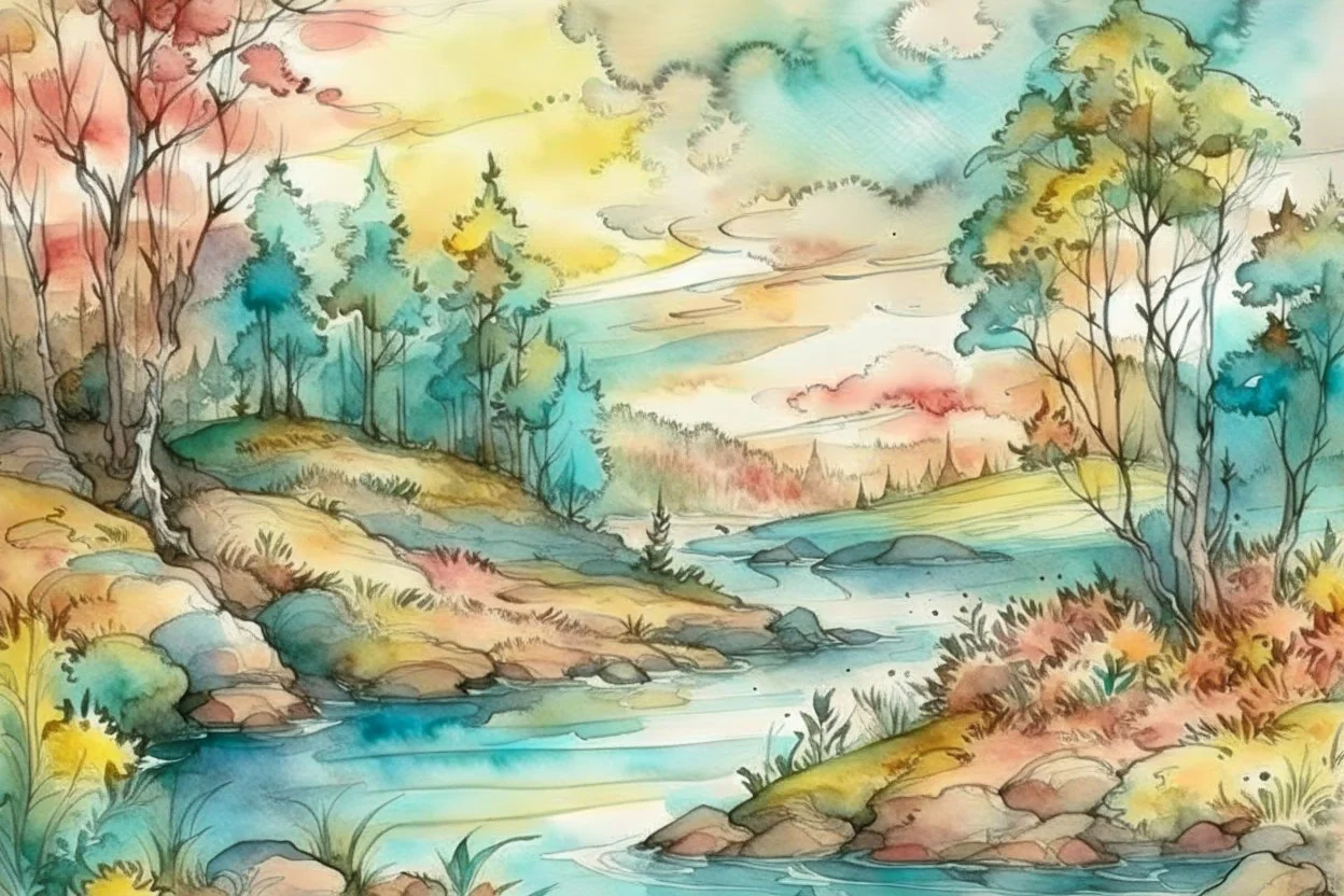 Watercolor painting landscape in style of Arthur Rackham, soft pastel colors Modifiers: Award winning photography 4K 3D colourful