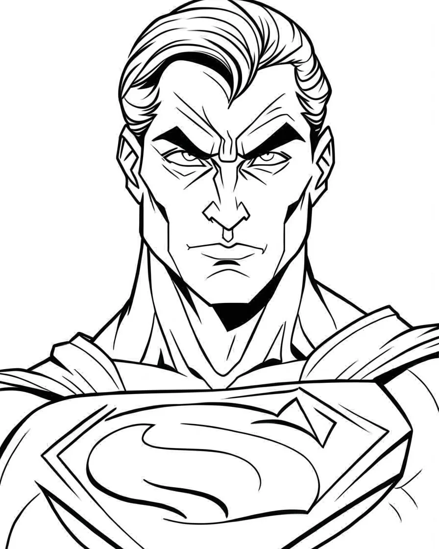 superman face coloring page, full body (((((white background))))), only use an outline., real style, line art, white color, clean line art, white background, Sketch style