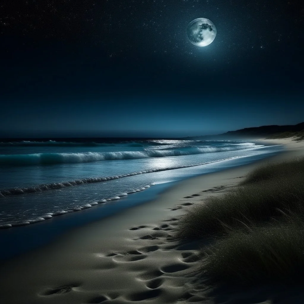 A tranquil beach at night, illuminated by a full moon and stars, with gentle waves lapping at the shore.