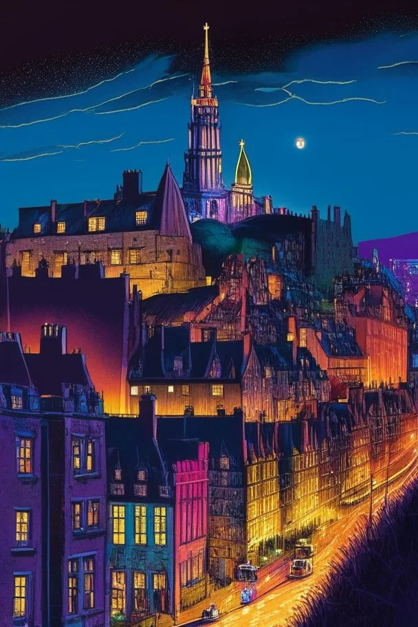 Illustration of Edinburgh, vivid colors, details, realistic, by night