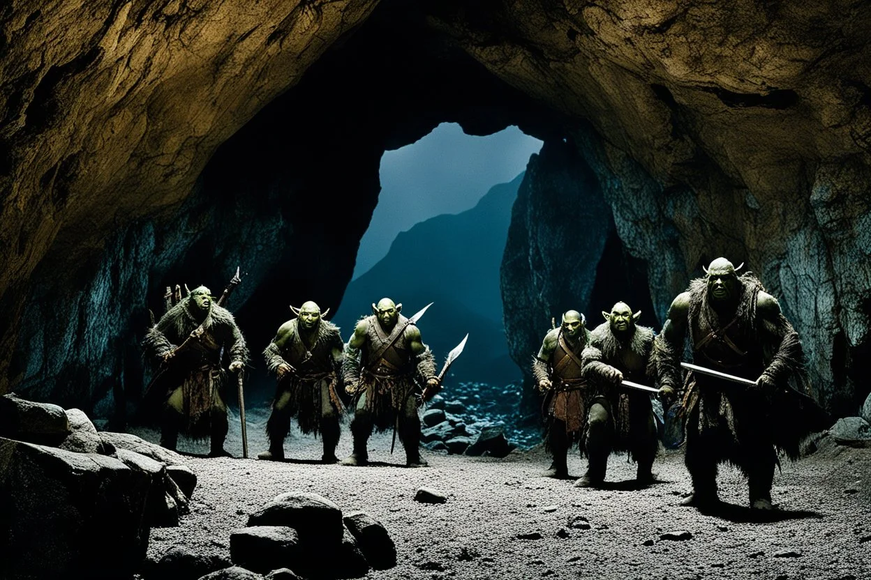 three menacing orcs [high res photo from the Lord of The Ring movie (JRR Tolkien)] the entry of a cave in the mountain, during the night, three orc warriors are guarding the entrance facing the camera, observed from behind a rock