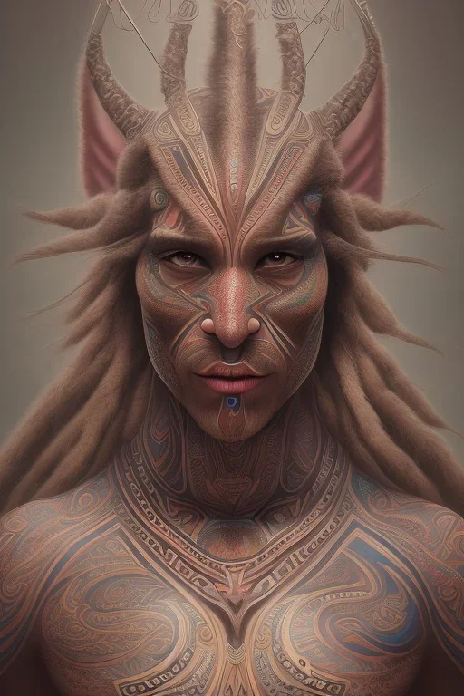  Photorealistic painting Portrait voluptuous bald female Maori Chief iron maiden rainbow Maori tribal tattoos, bow with arrows, full detail, 8k Neko Erokawa, style of Zootopia