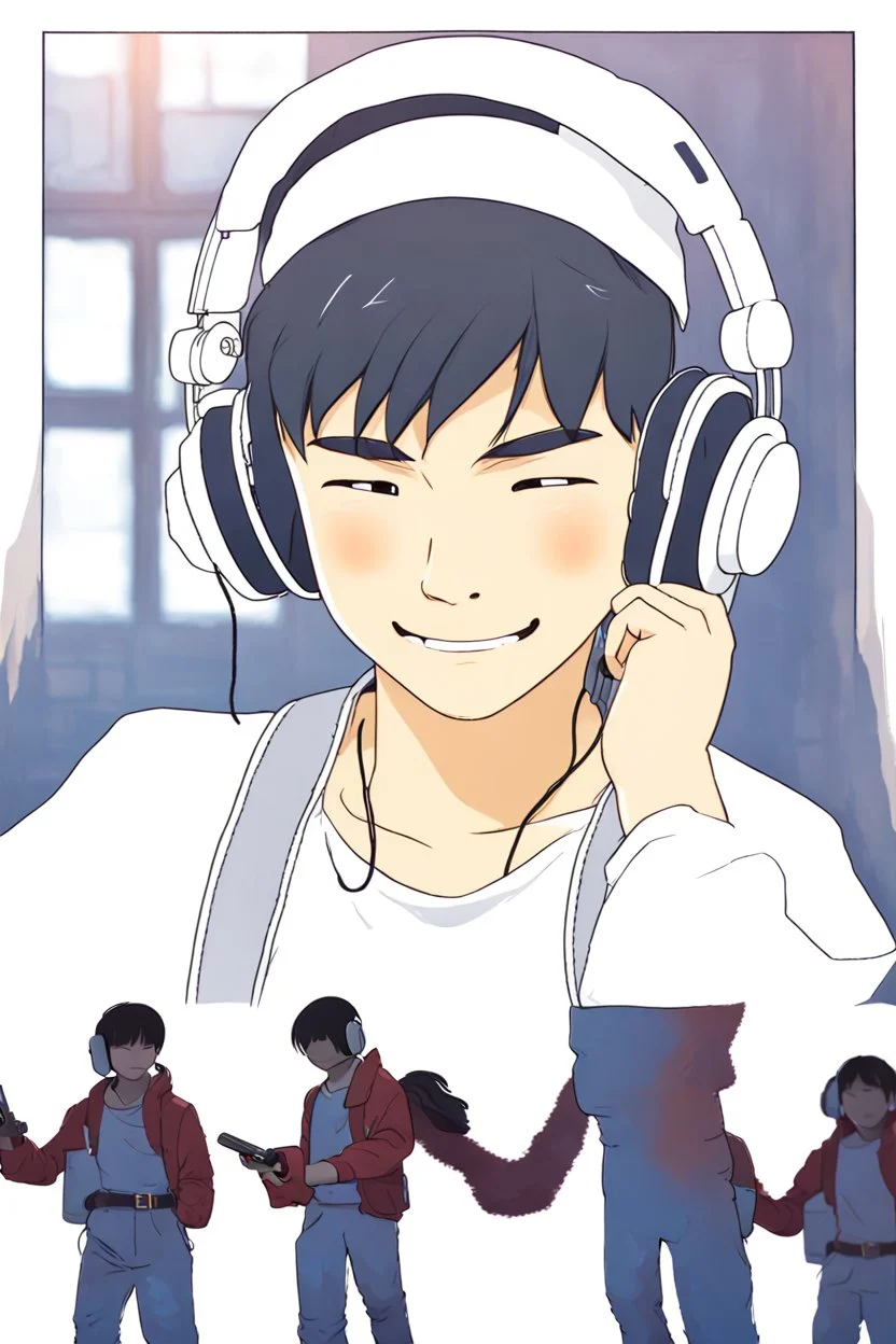 An Asian boy in a white shirt and headphones.