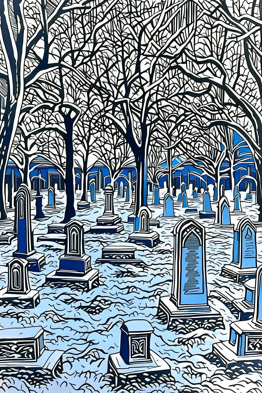 Linocut snowy cemetery in Savannah