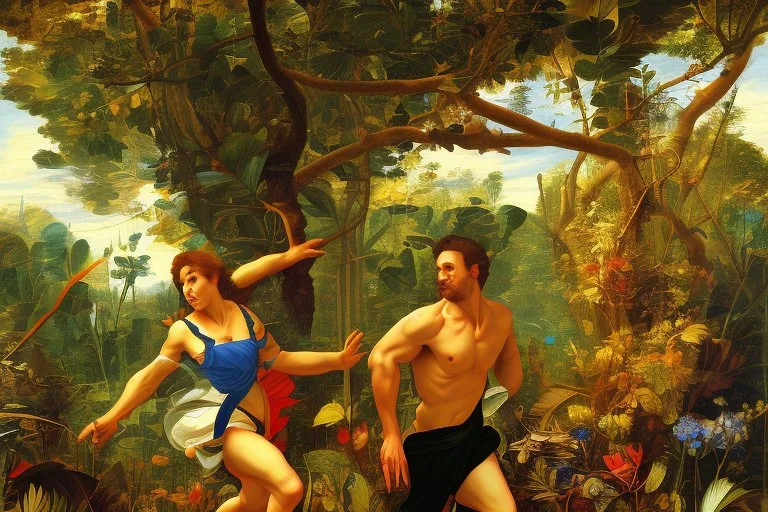 man running in colorful jungle by Caravaggio