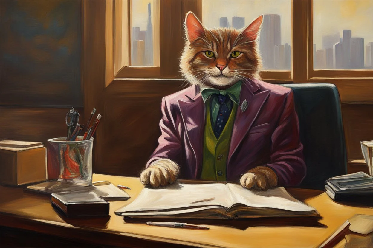 cat secret agent joker in an office in sunshine, very detailed, oil painting