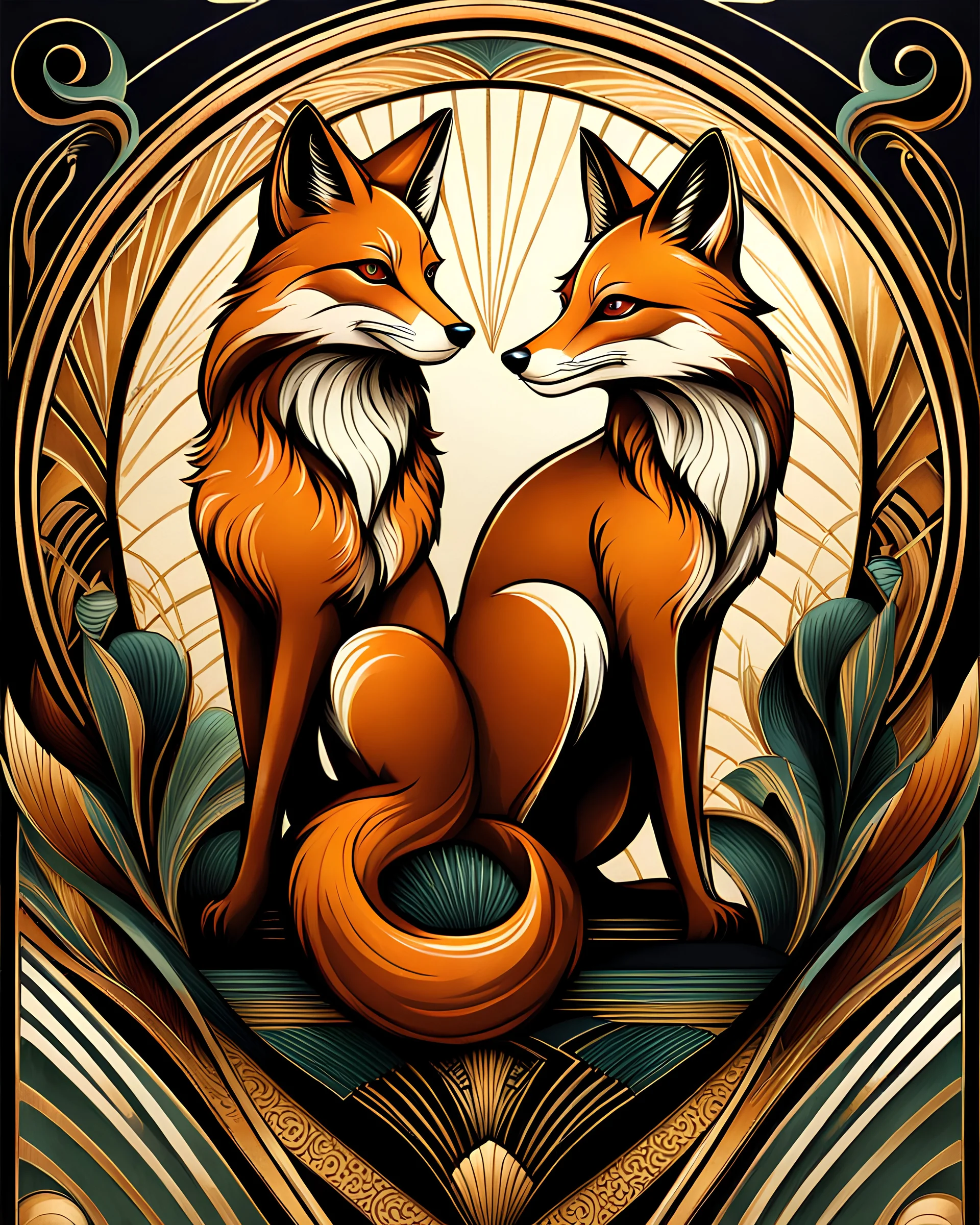 Drawing of two art deco foxes ultra quality