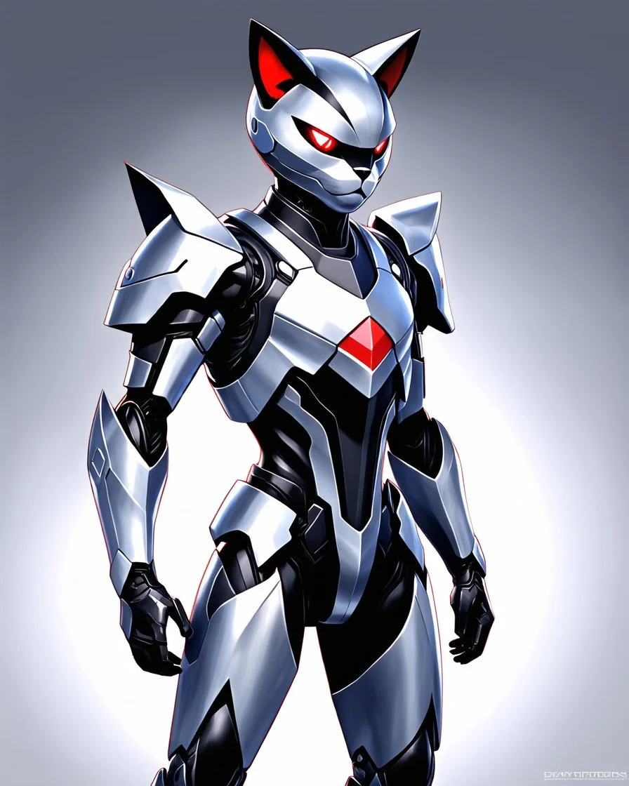 (((Full body))). Digital illustration of futuristic character with armor, dynamic. Elegant metallic suit adorned with sharp angular lines, silver colors, black details, red stripe on the chest. Helmet with pointed cat design, cat ears, bright red cat eyes, exuding menacing presence. Stylized, abstract artwork, sketch-like quality, vibrant colors emphasize intricate details of the armor