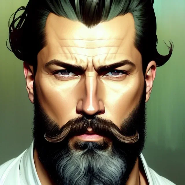 "MIddle aged white human male, with a trimmed but uneven beard, piercing green eyes with slick back hair,complete head and shoulders portrait, 8k resolution concept art portrait by Greg Rutkowski, Artgerm, WLOP, Alphonse Mucha dynamic lighting hyperdetailed intricately detailed Splash art trending on Artstation triadic colors Unreal Engine 5 volumetric lighting Splash art fantasy"