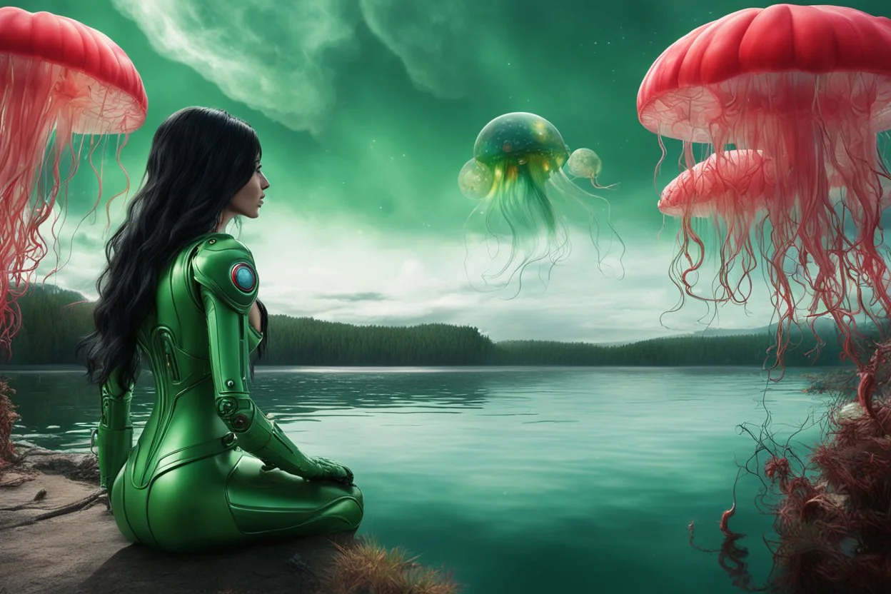 Photorealistic Photo Of A long black-haired woman in a green robot suit, Looking Out Over A Lake With jellyfish with red Tentacles, Tall Narrow Cloud Trees In The distance with an alien sky