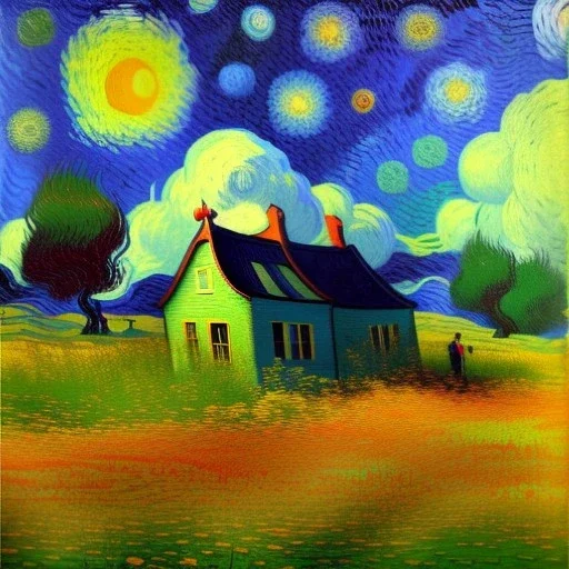 Dibujo al oleo de una pradera con una casa y una vaca con muchas nubes de colores estilo Vincent van Gogh