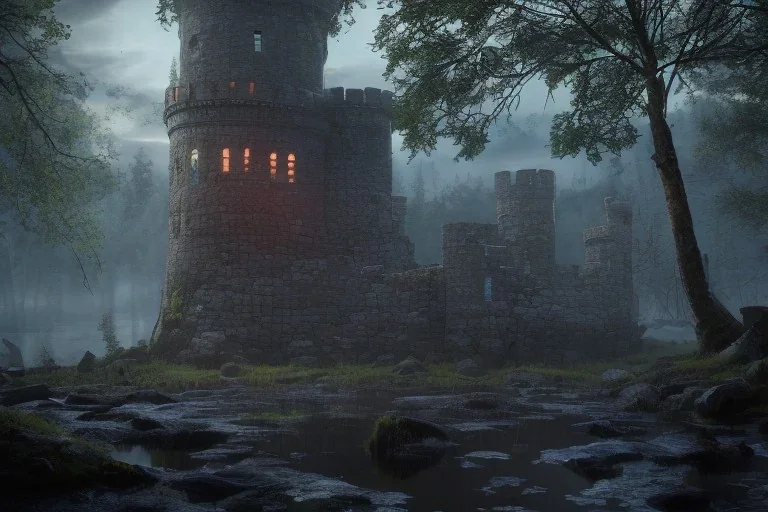 Castle ruins deep in a forest, dark fantasy, moonlight shafts, night time, fireflies