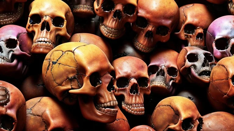 a picture of a dark, comedic, anatomically correct wall of colorful tightly packed stacked cyborg skulls of varying sizes and expressions, photo realistic, insanely meticulous, highly detailed, part of a collection of bones on display, 64k, dystopian, vray