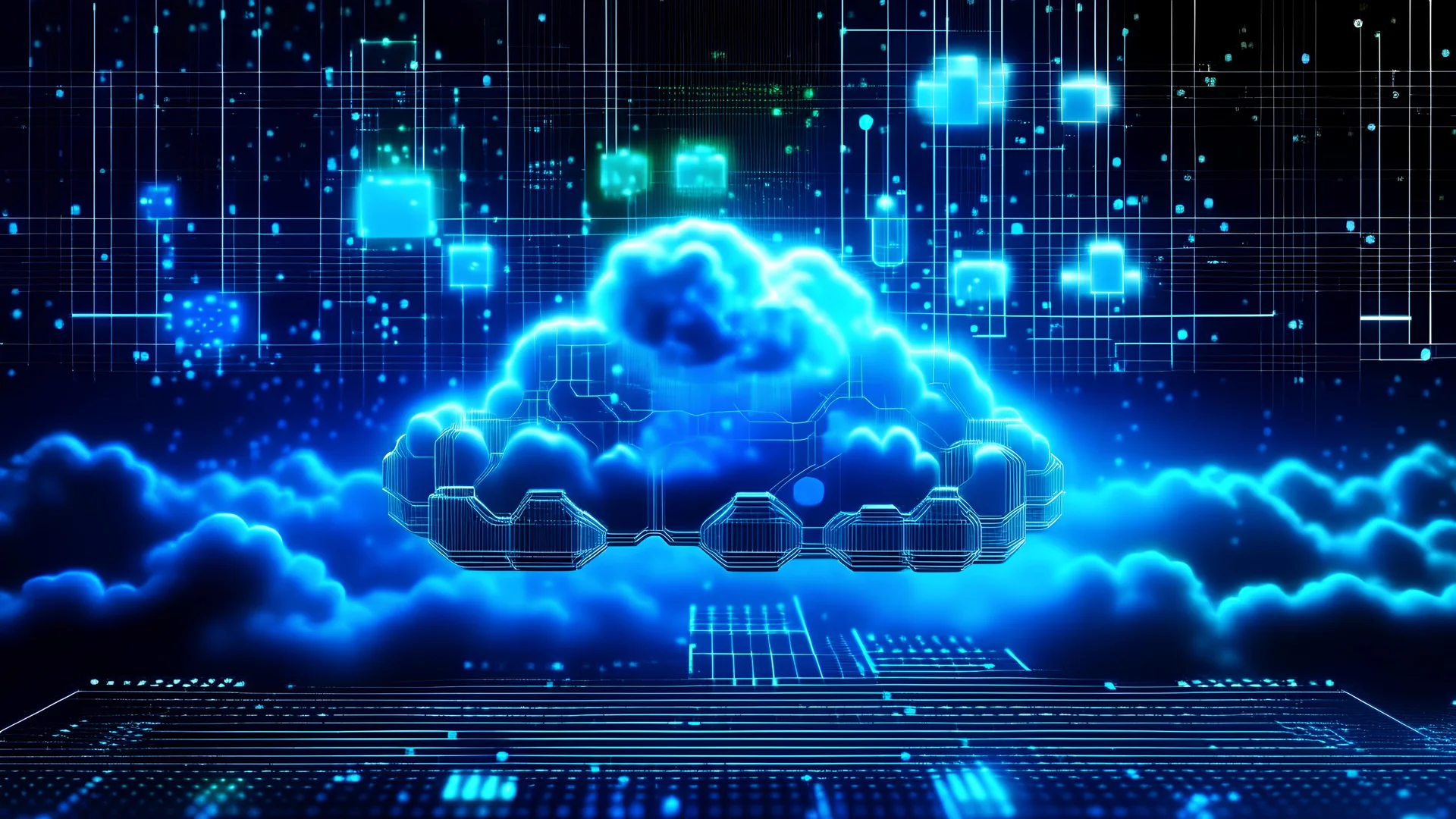 Futuristic cloud computing technology on background of microcircuit elements, microchip circuit board, a neon cloud floating microchip technology and cloud computing in the world of IoT