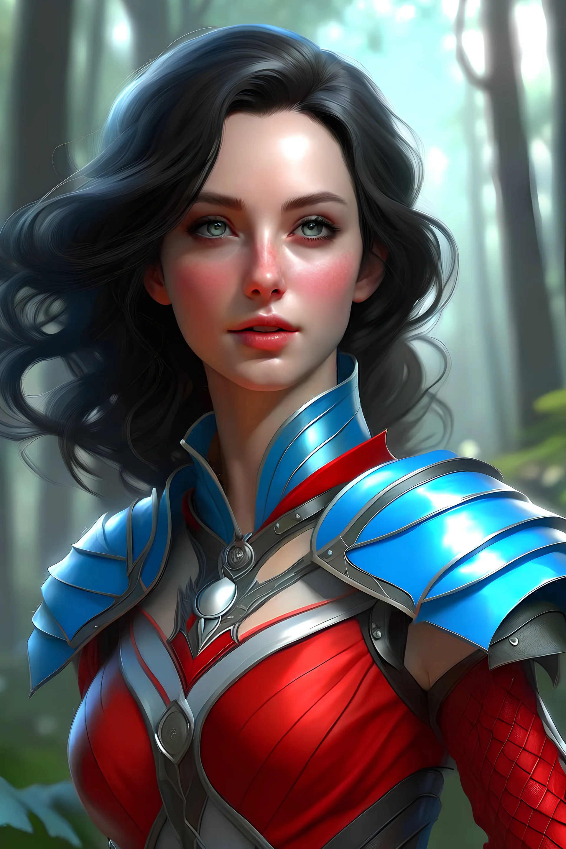 create an adult female air genasi from dungeons and dragons, black medium hair, light blue eyes, light blue skin, wavy hair, wearing red leather clothing, realistic, from waist up, digital painting, high resolution, forest background, a bit zoomed out