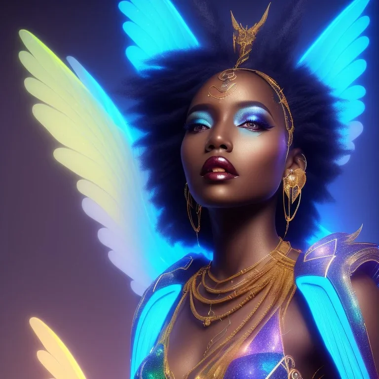 full body shot, masterpiece, best quality, black skinned, sparkling eyes, long hair, gorgeous African Fairy queen,wings,fluorescent skin,light blue makeup,synthwave, light indigo, trasparent , irridescent, highly detailed body, sun light, 4K, RAW, depth of field, high contrast, realistic details, 24mm vaporwave aesthetic, synthwave, artstation, concept art, smooth, extremely sharp detail, finely tuned detail, ultra high definition, 8 k, unreal engine 5, ultra sharp focus