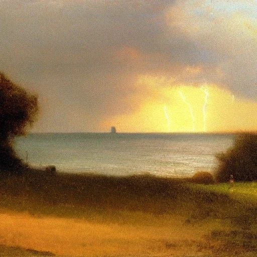 George Inness, painting, trees, ocean, waves, lightning, photo realistic, 8k, sunrise