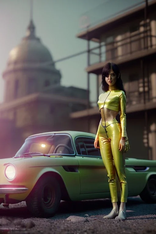 Ultra Realistic retro sci-fi, 1960 year, levitating cars, young woman quiet, latex suit, soft color, highly detailed, unreal engine 5, ray tracing, RTX, lumen lighting, ultra detail, volumetric lighting, 3d, finely drawn, high definition, high resolution.