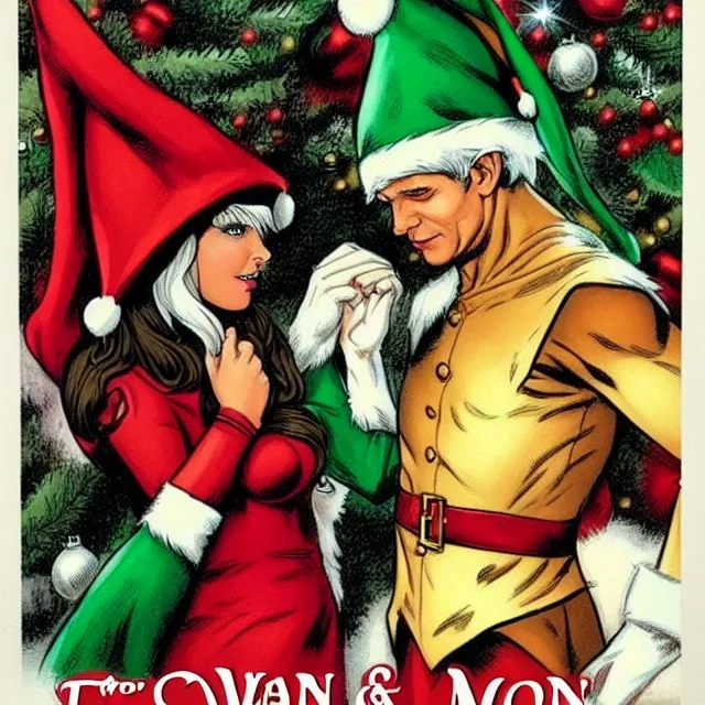 two elves. woman and man. Christmas scene. poster. marvel comic. low-key