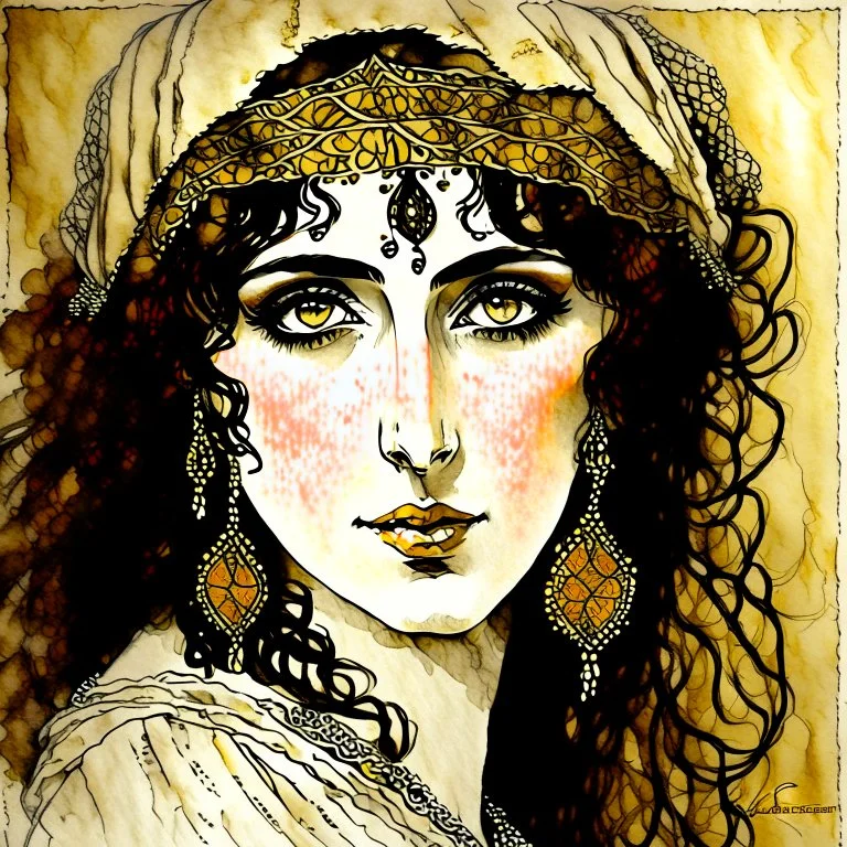 Beautiful woman gypsy shaman with big brown eyes, Subdued lighting. Muted color palette. Modifiers: elegant intricate very attractive beautiful award winning fantastic view hyperrealistic ultra detailed high definition matte background watercolor Arthur Rackham Gustav Klimt pen and ink Johannes Vermeer Aubrey Beardsley