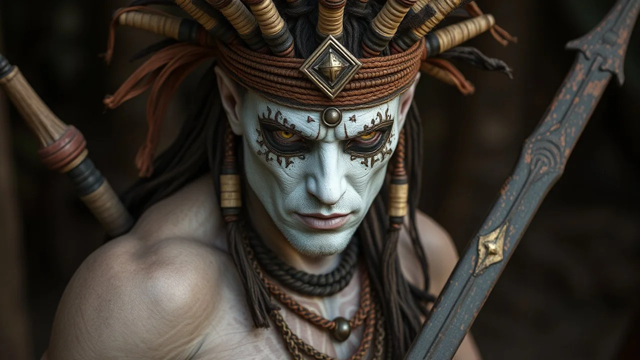 Tribal warrior; White skinned; metal orbs for eyes.