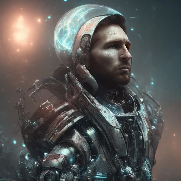 portrait,perfect face lionel messi robot, post-apocalyptic in a cyberpunk city, realistic, intriacte detail, sci-fi fantasy style, volumetric lighting, particales,highly detailed,cinamatic, deep colours,8k