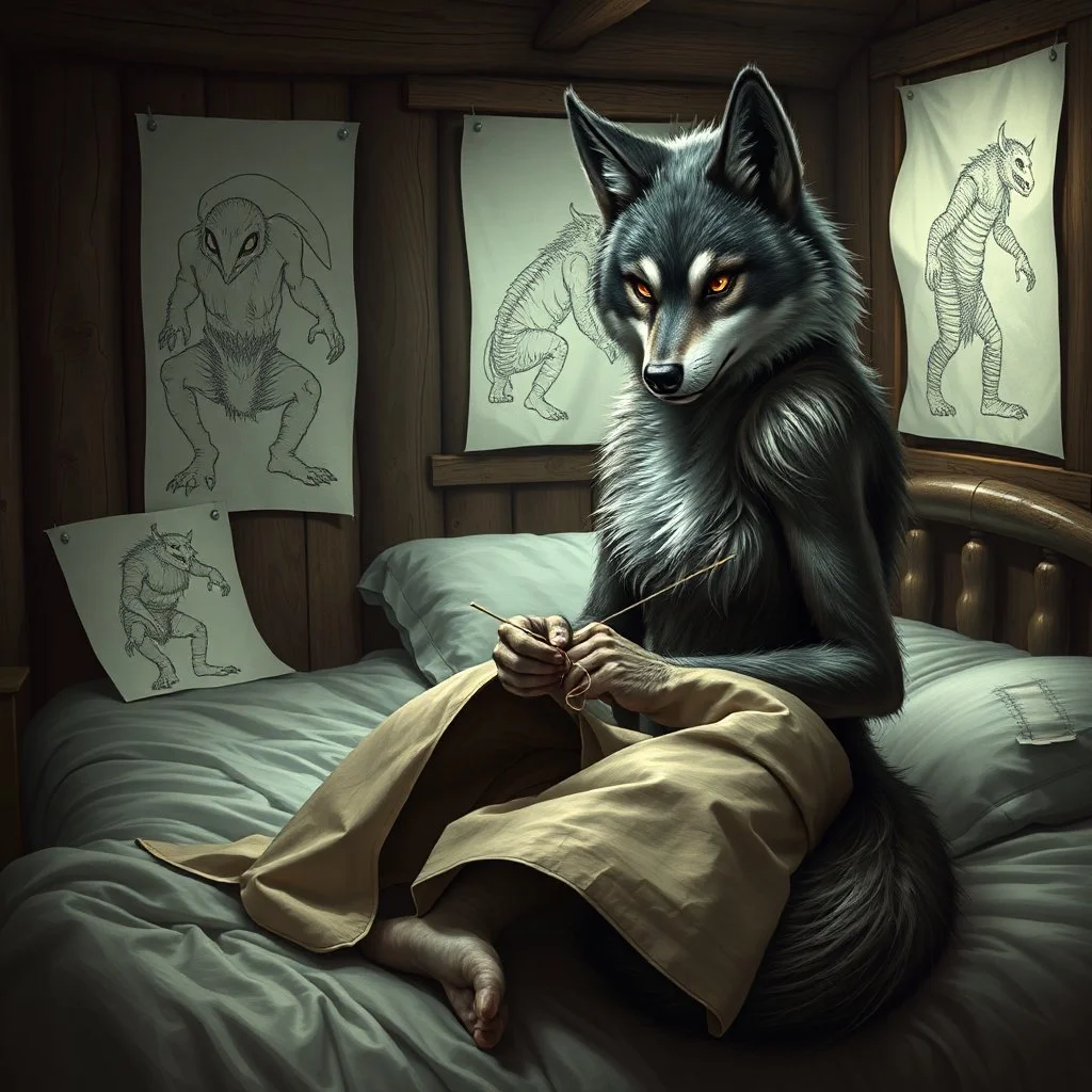 an anthropomorphic wolf woman hybrid with dark brown eyes full furry on her body sitting in the middle of a bed with a sewing needle and thread in her paw sewing a wide material belt, around her in the background are some paper with sketchy line kind drawings from monster on the walls of the wooden house, high realistic, detailed, cinematic, sci-fi, digital art, dark fantasy mood