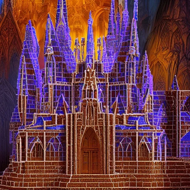 model of grand cathedral made of gingerbread house with crushed, vibrant rock candy as stain-glassed windows, 8k resolution, centered, high-quality, ultrafine-detail, ornate, digital art, detailed matte, volumetric lighting, illustration, 3D octane render, brian froud, howard lyon, George Grie, greg rutowski,