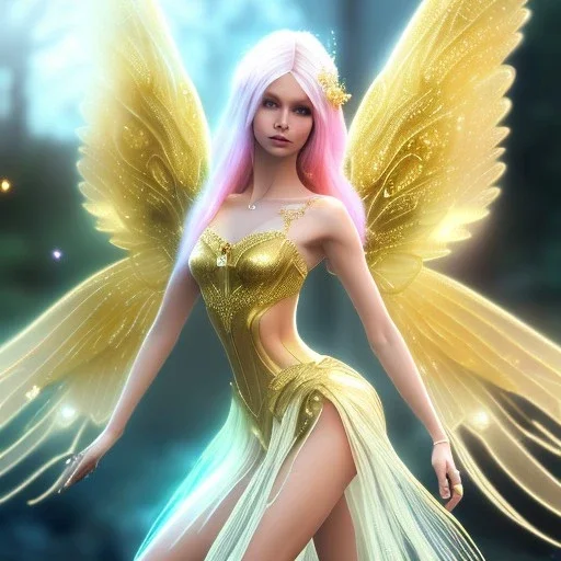 beautiful fairy very etheric, nice smiling, long blond hair, magic glamour pink make up, delicate colors, complete vision of very transparent golden and big wings, beautiful glamour transparent golden dress, ultra sharp focus, 8k, unreal engine 5, extremely sharp detail, light effect, soft light atmosphere, smooth, full of details, face in front, complete vision of face and hair and of the body