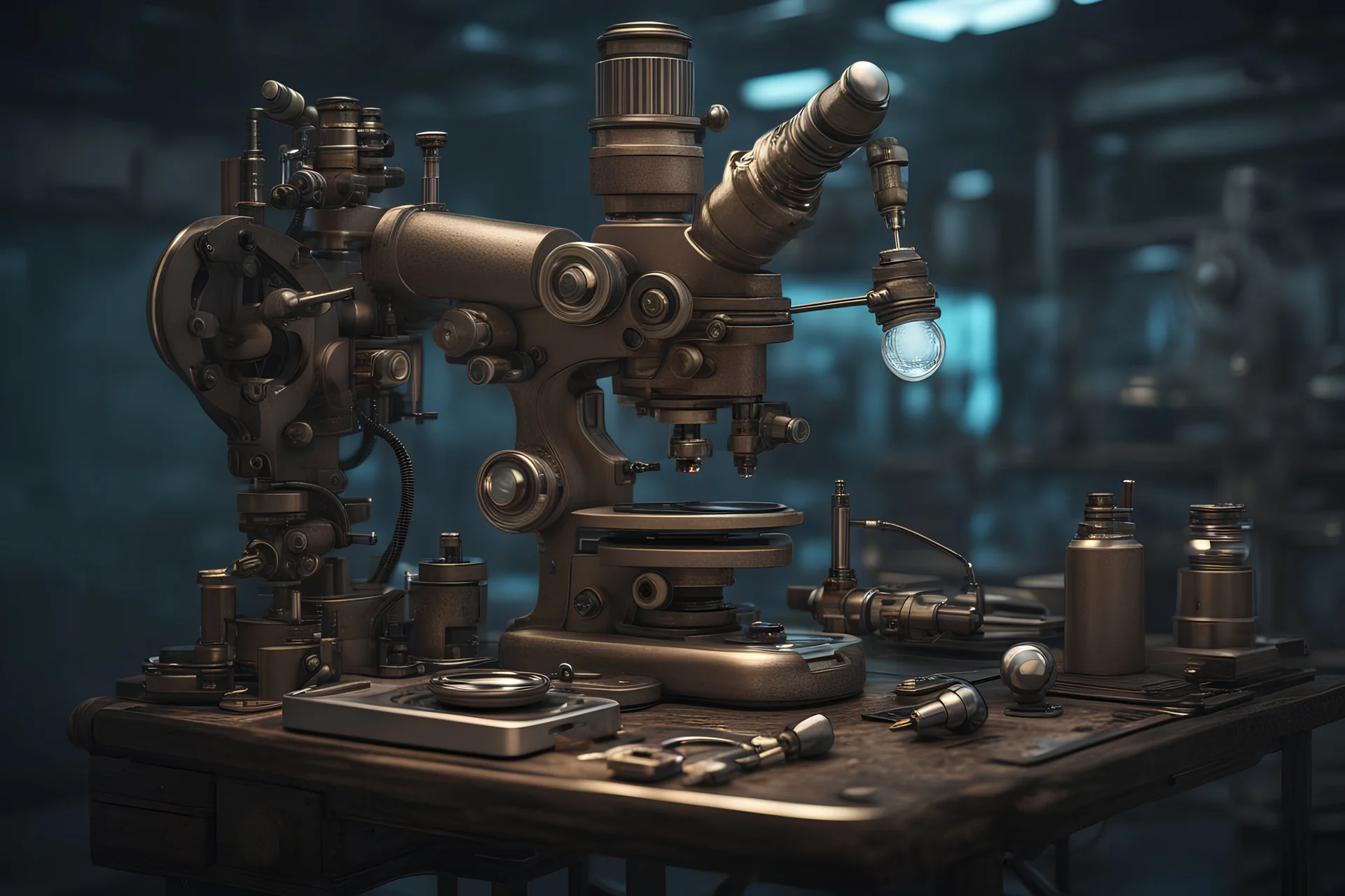 futuristic microscope and other laboraory gadgets ob a bench , 16k, 3d rendering, expressively detailed, futuristic, steampunk, cyberpunk, dynamic light, expressive lighting,